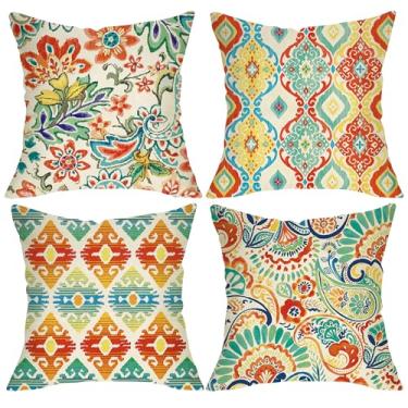 Imagem de Fjfz Capas de almofada decorativas coloridas Paisley 40,6 x 40,6 cm, conjunto de 4, boho floral moderno geométrico varanda decoração de casa ao ar livre, flor étnica boêmia sofá capa de almofada