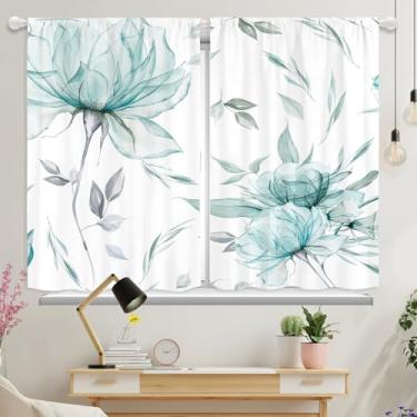 Imagem de Cortinas de cozinha florais em aquarela cinza petróleo, folhas de flores, arte estética minimalista, pequenas cortinas curtas para janela de café sobre a pia, decoração de sala de jantar, cortinas com