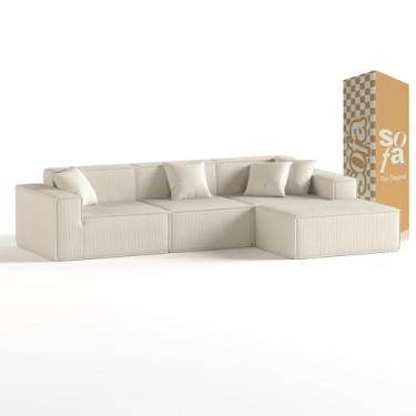 Imagem de Sofá 3 Lugares Modular com 1 Chaise em Tecido Boucé Sofá na Caixa Pelion (Linho)