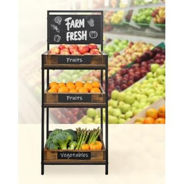 Imagem de Okydoky Suporte de frutas e vegetais com bandejas de madeira, suporte de exibição de padaria, prateleira de exibição de pão, design de metal vintage de 3 camadas com placas de madeira, para cozinha