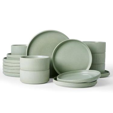 Imagem de Famiware Conjunto de louça Star, conjuntos de pratos e tigelas para 6 (18 peças), pratos de grés canelados, resistente a lascas e arranhões, pode ir ao micro-ondas e à lava-louças, verde-sálvia fosco