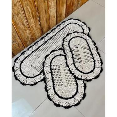 Imagem de Kit Tapete e Passadeira Cozinha Oval 3 Pçs Leque Com Listra (Preto)