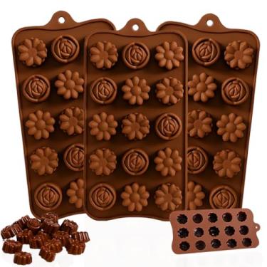 Imagem de Kit 3 Moldes Silicone Yab Para Chocolate Flores 15 Cavidades Marrom Alta Durabilidade Silicone Resistente Ideal Para Bombons Doces Moldes Yab Acabamento Marrom