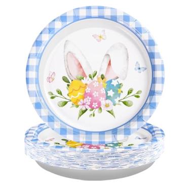 Imagem de 50 peças de pratos redondos de Páscoa, 25 cm, grandes, descartáveis, 400 g/m2, resistente, aquarela, coelhinho, coelho, ovos, pratos de papel, azul, xadrez, primavera, sobremesa, para aniversário,
