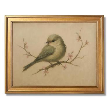 Imagem de Pintura de pássaro vintage primavera moldura dourada aquarela flor de cerejeira impressão em tela rústica berçário bege pássaro imagem pôster suave natureza neutra decoração de arte para quarto