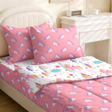 Imagem de Yadangxiawa Jogo de edredom infantil, solteiro, com estampa de unicórnios rosa, castelo arco-íris, lençol com elástico e fronhas para todas as estações (solteirão unicórnio)