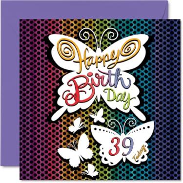 Imagem de Stuff4 Cartões de aniversário de 39 anos para mulheres - Borboleta arco-íris - Cartão de feliz aniversário para mulher de 39 anos irmã esposa prima colega, cartões comemorativos de aniversário de 14