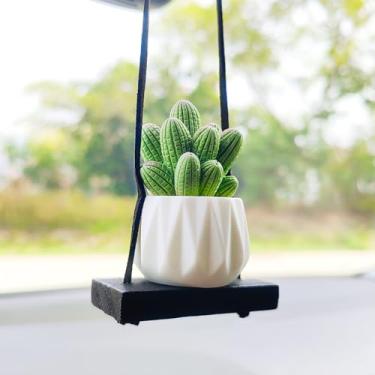 Imagem de Starupway Acessórios de espelho retrovisor simulado de mini planta em vaso, acessórios fofos de carro para mulheres, plantas suculentas decoração de carro pingentes de espelho retrovisor