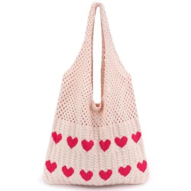 Imagem de hatisan Bolsas de crochê para mulheres - Bolsa de praia de verão, bolsa de malha hippie estética, Coração de amor vermelho, One Size, Retrô