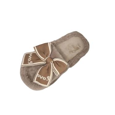 Imagem de Pantufas femininas casuais de bico aberto plus size com laço liso e peludo sandálias quentes outono inverno, Marrom, 38