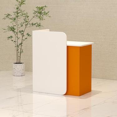 Imagem de Balcão de recepção moderno com gaveta trancável, escritório de madeira computador recepção balcão de varejo para sala de recepção checkout lobby salão de beleza supermercado (branco + laranja, 60 x 45