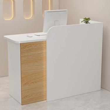 Imagem de Mesa de recepção moderna com gaveta com trava - balcão frontal elegante para lojas de varejo - Balcão de caixa simples com ilhós de cabo - Balcão de recepção elegante (natural, 120 cm)
