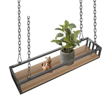 Imagem de Rack de armazenamento de cozinha suspenso com madeira maciça e metal para panelas de ferro para exibição criativa de prateleira de teto para suporte de flores, prateleiras suspensas flutuantes (60 x