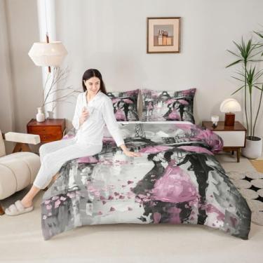 Imagem de Conjunto de edredom infantil Queen da Torre Eiffel, casal francês, decoração de quarto de meninas e meninos, edredom romântico Paris, conjunto de edredom cinza e rosa, 2 fronhas