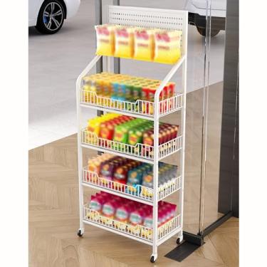 Imagem de Rack de exibição de prateleira de supermercado, 4 camadas de arame de metal branco Snacks carrinho organizador com rodinhas e ganchos, cesta fina de 27 cm de frutas e vegetais para cozinha (tamanho