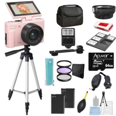 Imagem de Câmera digital 4K/5K – Câmera vlogging de 75 MP para YouTube, tela flip de 180°, zoom de 18X, WiFi – Kit definitivo rosa com cartão de 64 GB, tripé de 50 polegadas, estojo de transporte, lente macro