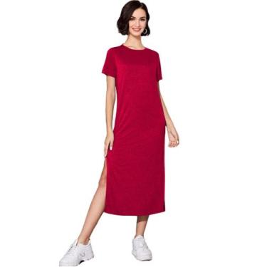 Imagem de Vestido Feminino Midi Manga Curta Gola Redonda Tribo Livre, Bordô, M