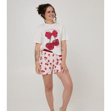 Imagem de Pijama Curto Feminino Meia Malha Evanilda Bege, M, Bege