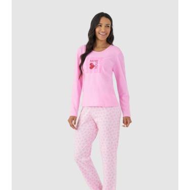 Imagem de Pijama Longo Feminino Meia Malha Mensageira Da Paz Rosa, G, Rosa