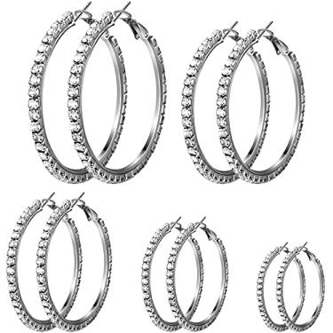 Imagem de Conjunto de 5 pares de brincos de argola de cristal grande de prata brilhante de 3 a 7 cm brincos redondos de argola de strass leve para joias femininas, Liga e strass, /