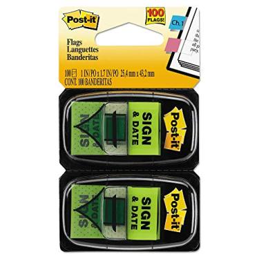 Imagem de Post-it Bandeira De Mensagem Impressa Removível Autoadesiva - 1" X 1.75" - Assinatura E Data - Verde - 100 / Pac Verde Post-It