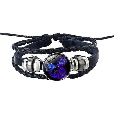 Imagem de Pulseira espiritual dos signos do zodíaco, pulseiras de couro do zodíaco ajustáveis multicamadas com doze constelações, pulseira de couro com pedra do tempo de 12 signos do zodíaco (Aquarius)