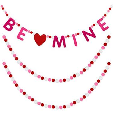 Imagem de Whaline 3 peças de guirlanda de bola de feltro para dia dos namorados, vermelho, rosa, branco, pompom, Be Mine, faixa de coração de 2,5 m, guirlanda romântica para pendurar no dia dos namorados, aniversário, festa de casamento