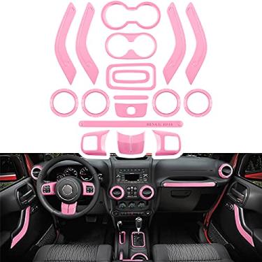 Imagem de Conjunto completo de 18 peças para decoração de interiores Kit de guarnição de decoração de volante, console central, maçaneta de porta de ar condicionado, suporte de copo de ventilação para Jeep Wrangler JK JKU 2011-2018 4 portas (rosa)