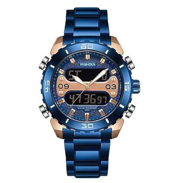 Imagem de Relógio de pulso masculino, relógio analógico multifuncional de quartzo masculino com calenda e temporizador, relógio masculino com pulseira de aço inoxidável, Azul, Tendência