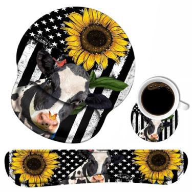 Imagem de Conjunto de descanso de pulso para teclado e mouse pad com porta-copos, mousepad ergonômico para jogos em casa, escritório, estudo, digitação fácil e alívio da dor, girassol e vaca com bandeira