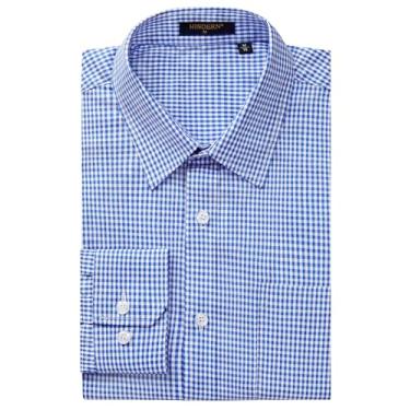 Imagem de HISDERN Camisa social masculina casual xadrez abotoada manga longa formal negócios camisa guingham para homens, Xadrez azul, XXG
