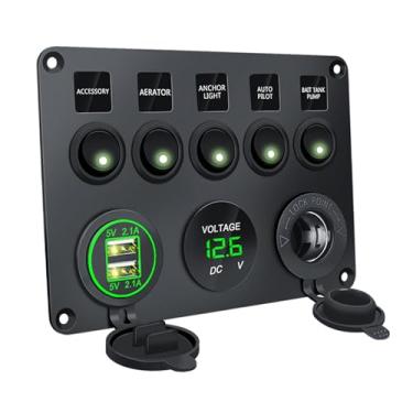 Imagem de Almencla 5 gang rocker switch painel duplo usb 4.2a painel de interruptor digital voltímetro para reboque iate rv carro automotivo, luz verde