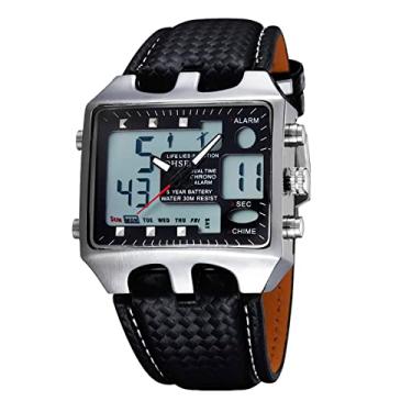 Imagem de ShoppeWatch Relógio masculino de árbitro de futebol grande mostrador quadrado LED duplo tempo analógico digital acende cronômetro pulseira de couro Reloj Deportivo para Hombre Cronometros Wacht,