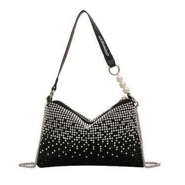Imagem de RARITYUS Bolsa tiracolo feminina com strass brilhante para noite, bolsa de mão nas axilas, bolsa clutch com alça superior, Preto, One Size