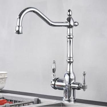 Imagem de Torneira de cozinha com filtro de latão antigo, torneira de cozinha com água potável pura, montada no deck, alças duplas, misturador de água quente e fria de 3 vias, cromado