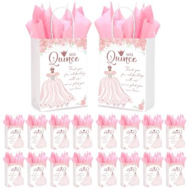Imagem de Geyoga 50 conjuntos de lembrancinhas de festa de quinze anos para convidados de 15 anos, sacos de presente de festa de aniversário com alças, sacos de presentes de quinze anos e papel de seda rosa, 16