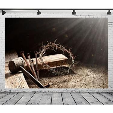 Imagem de BELECO Tecido de 3 x 2,4 m Jesus Paixão Pano de Fundo Cruz de Madeira Coroa de Espinhos Pregos Crucificação de Jesus Cristo Fundo de Natal Páscoa Fotografia Crença Bíblia Igreja Religiosa Estúdio de
