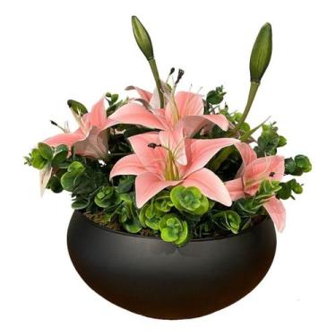 Imagem de Arranjo Grande Centro Mesa Lírio Rosa Artificial Vaso Preto - Decore F