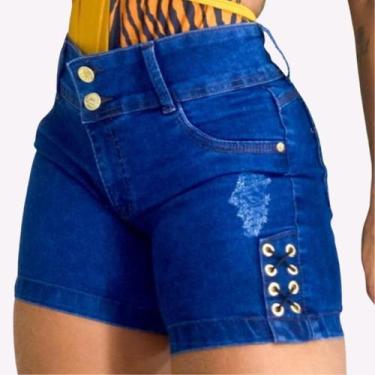 Imagem de Short Jeans Feminino Cintura Alta Lycra Empina Bumbum Com Ilhós Premiu