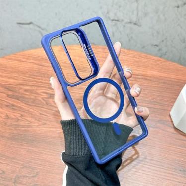 Imagem de HPQWN Para Galaxy S24 Ultra Suporte de lente de metal para capa de telefone magnética transparente Fe Slim Hard Cover (para Galaxy S24 Ultra/azul)
