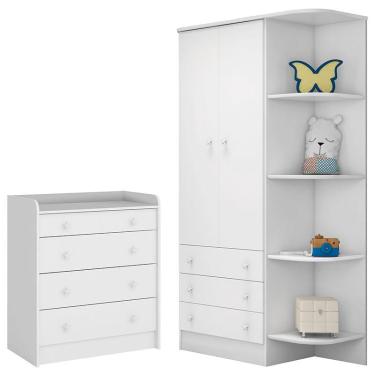 Imagem de Cômoda 2523 e Guarda Roupa Infantil 105 2 Portas com Cantoneira Doce Sonho Branco Brilho – Qmovi