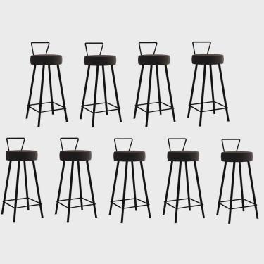 Imagem de Kit 09 Banqueta Alta Com Encosto Tais Eiffel Cozinha Bar Bistrô Ferro Preto Corino Marrom - Ahz Móveis