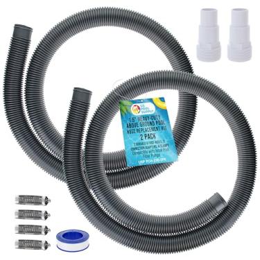 Imagem de U.S. Pool Supply Kit de substituição de mangueira de piscina acima do solo resistente de 3,8 cm - 2 mangueiras prateadas de 1,8 m, 2 adaptadores de conexão, 4 braçadeiras - compatível com bombas de