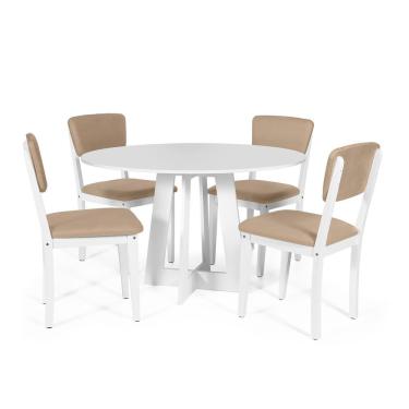 Imagem de Mesa De Jantar Redonda Montreal Branca Com 4 Cadeiras Estofadas Ella Branco/bege