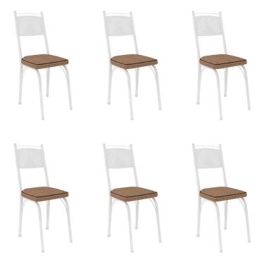 Imagem de Kit 6 Cadeiras De Cozinha Virginia Estampado Rattan Bege Pés De Ferro Branco