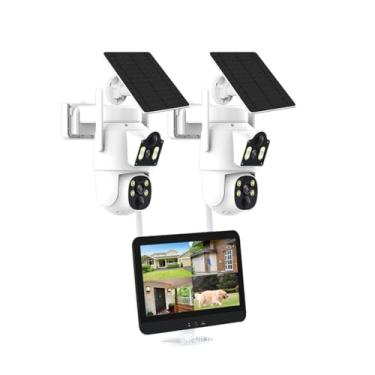 Imagem de AKAVIG Sistema de câmera de segurança de lente dupla Solar Power 4MP com monitor NVR e 2 sensores, kit de equipamento de vigilância solar WIFI sem fio com áudio bidirecional, Visão perfeita colorida