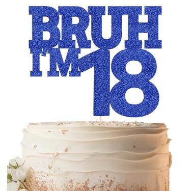 Imagem de EONNCNT Bruh I'm 18 Cake Topper - Royal Blue Glitter Engraçado Decoração de bolo de aniversário de 18 anos para meninos, Bro I'm 18/Cheers to 18 Years Decoração de bolo para festa de aniversário de