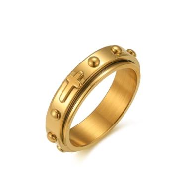 Imagem de Adreamz Anel giratório de 6 mm para alívio da ansiedade com contas de rosário cruz oração prata / preto/ouro/ouro rosa anel de aço inoxidável, Metal, Sem pedra preciosa