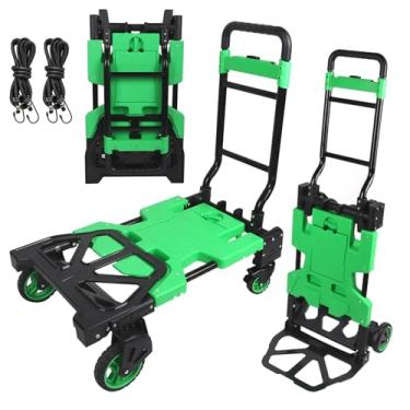 Imagem de Lanstics Carrinho de mão dobrável, carrinho de compras dobrável multifuncional com cordas, carrinho de armazenamento verde, carrinho dobrável para mercearia, armazém, uso carrinho portátil para