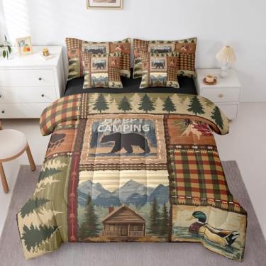 Imagem de Erosebridal Jogo de edredom solteiro com urso, 7 peças, cabana de caça, cama com lençol de cima e lençol com elástico para crianças e adultos, conjunto de cama com fronha e fronhas